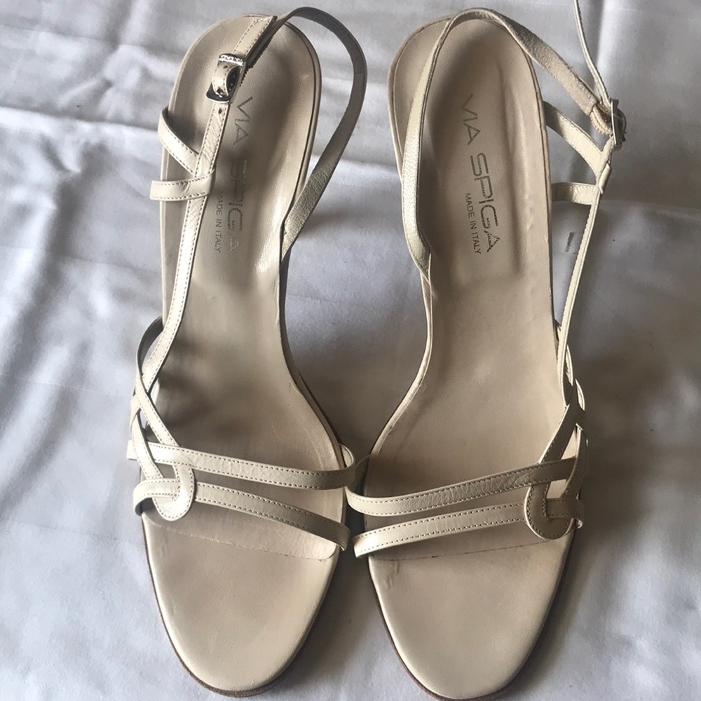 Bone, leather sling back sandal.